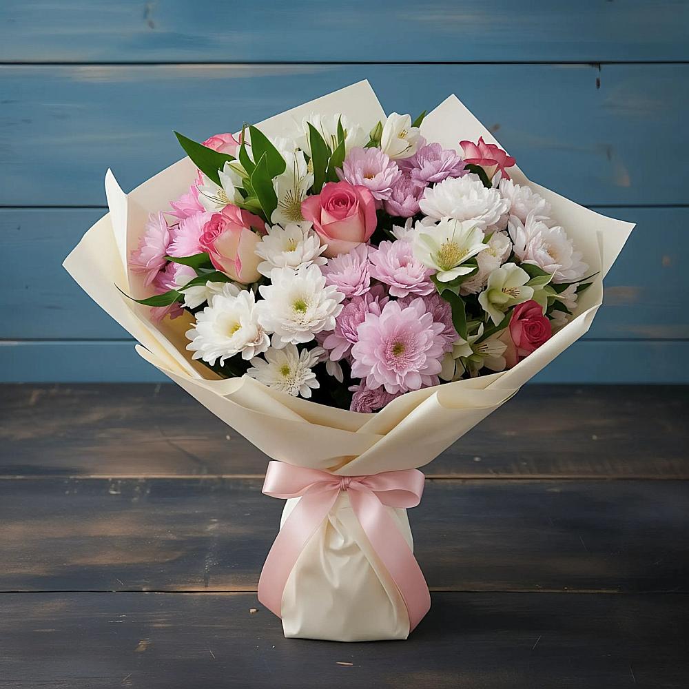 Букет цветов из: Хризантемы, Альстромерии и Розы в Никоновское